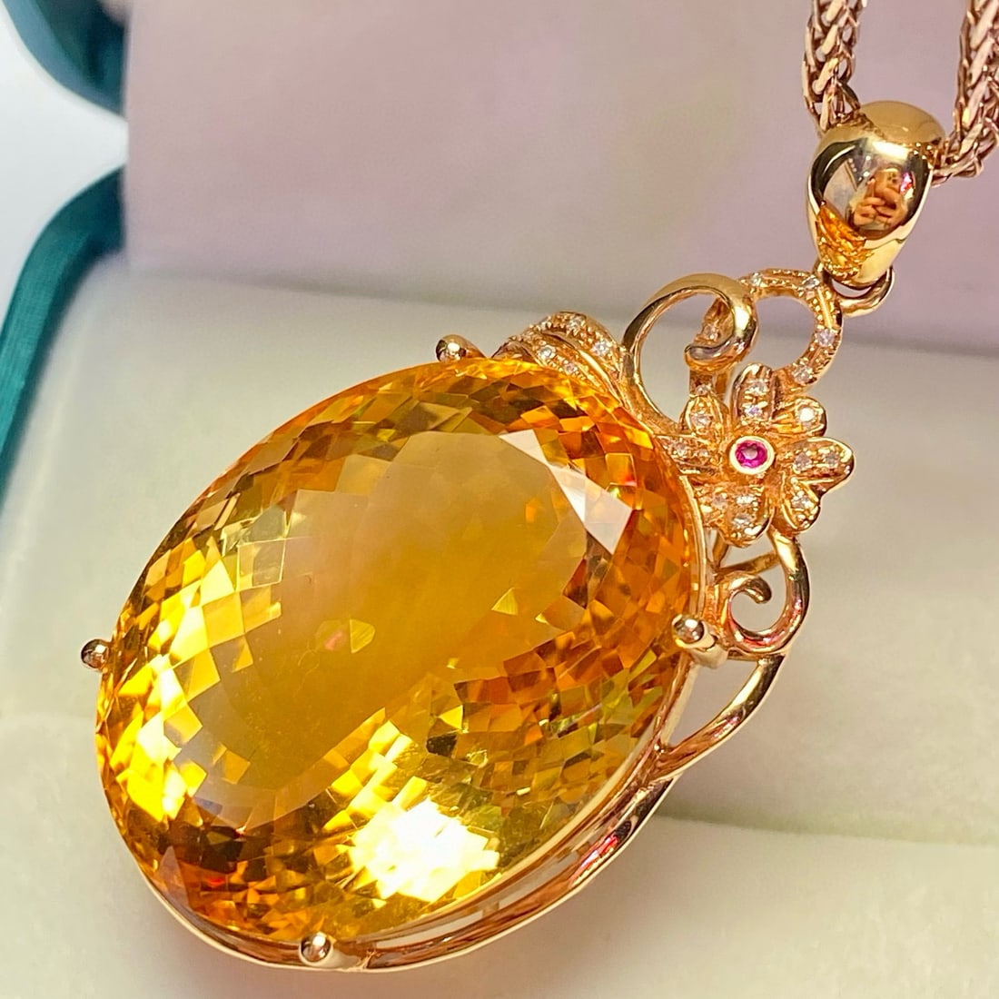 14k Gold 38.90 Ct Natural Citrine & Diamond Pendant( Without Chain ) - 3
