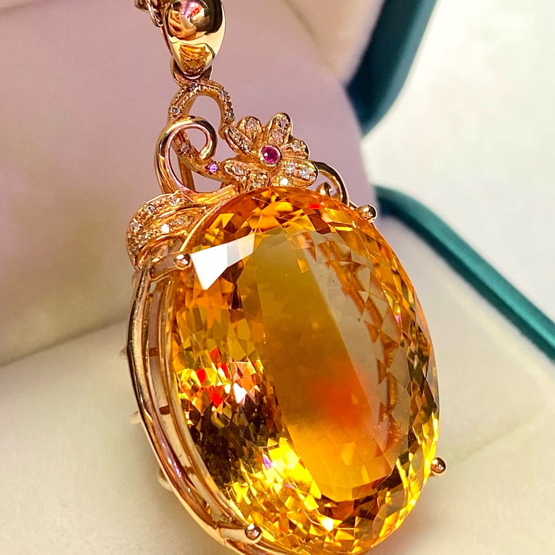 14k Gold 38.90 Ct Natural Citrine & Diamond Pendant( Without Chain ) - 4
