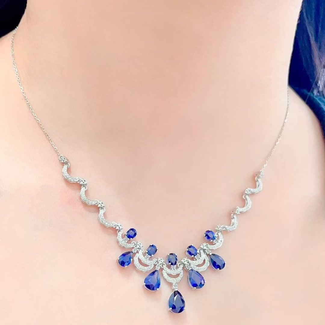 14k Gold 8.05 Ctw Natural Sapphire & Diamond Necklace - 6