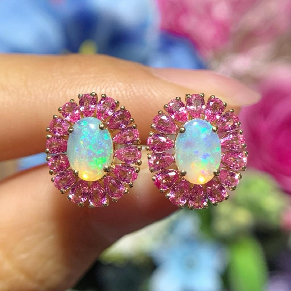 14k Gold 2.89 Ctw Natural Opal & Sapphire Earrings - 2