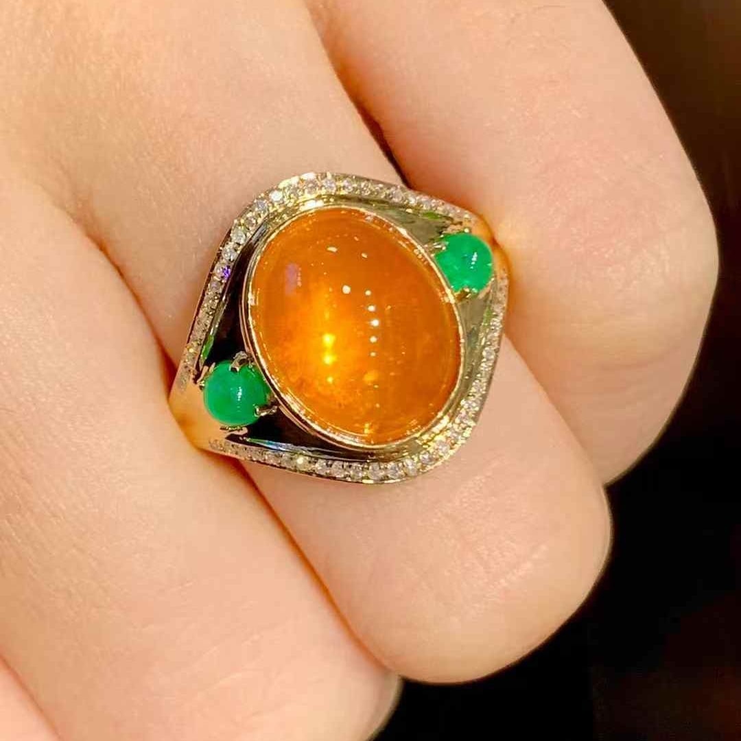 14k Gold 8.9 Ct Natural Spessartine & Diamond & Emerald Ring - 5