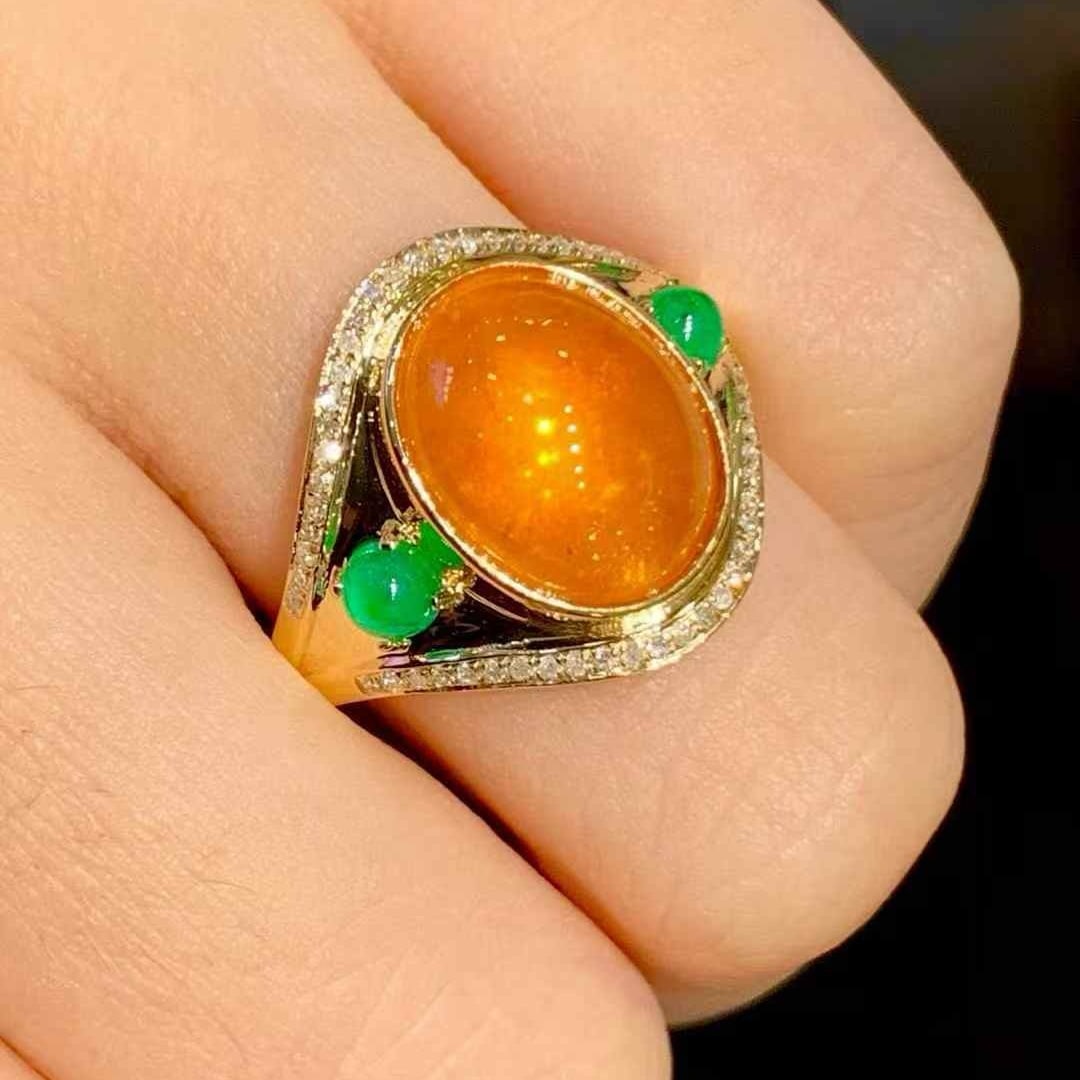 14k Gold 8.9 Ct Natural Spessartine & Diamond & Emerald Ring - 6