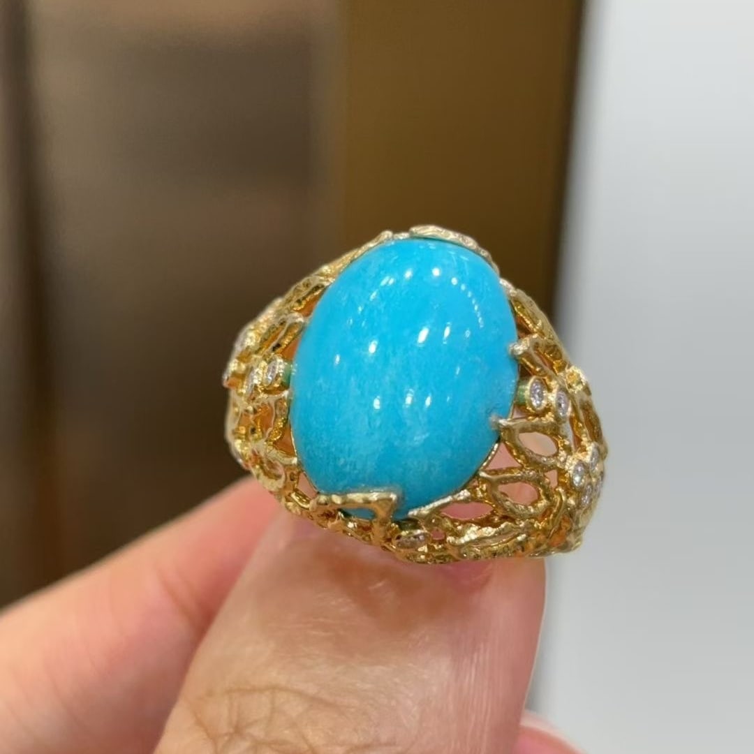 14k Gold 6.83 Ctw Natural Blue Turquoise & Diamond Ring: Ref:231105094 // gold content:14k gold // ring size:7. 25us // // main gemstone:blue turquoise // shape:oval // carat weight:6. 65ct // color:blue // treatment:natural // // adjacent gemstone 2 :