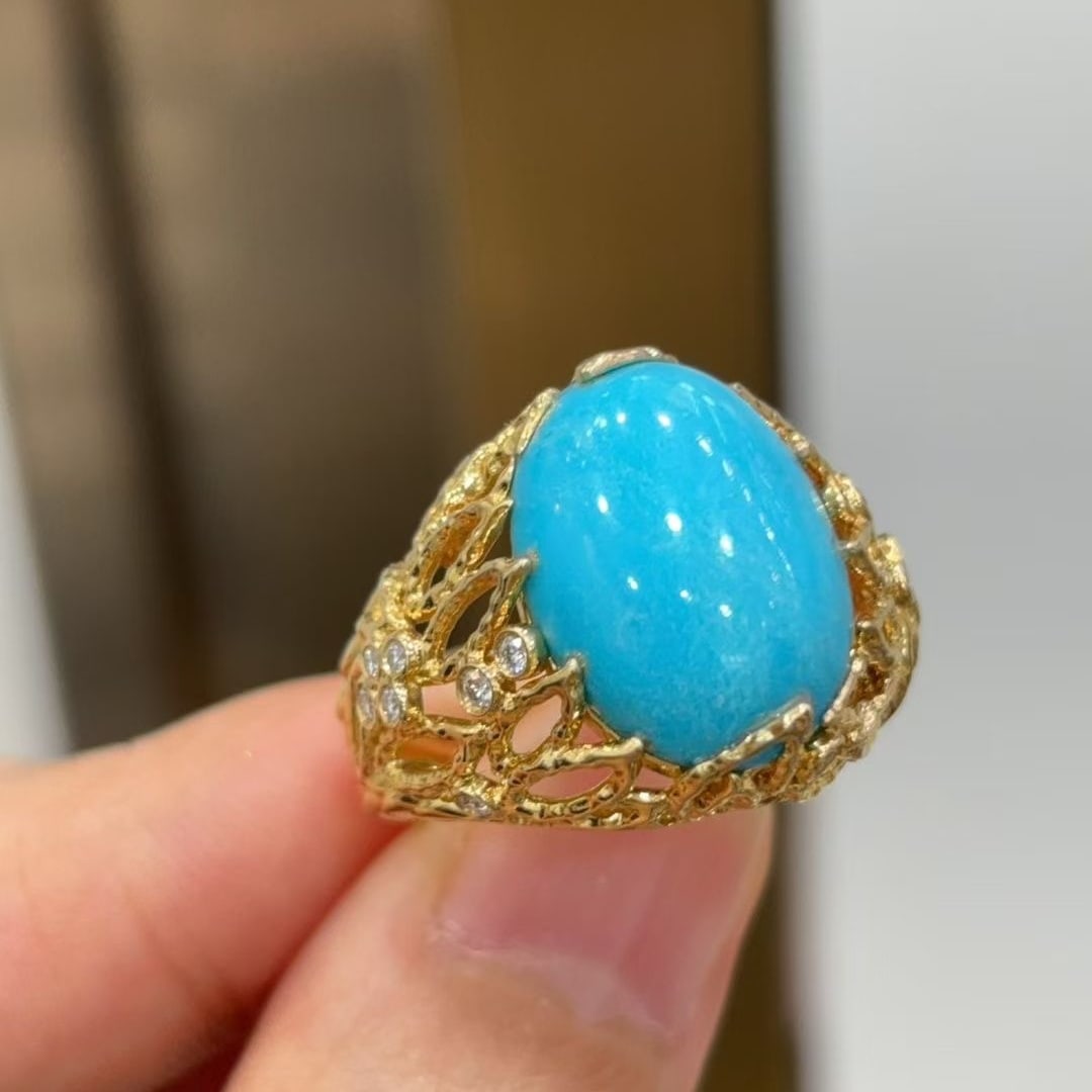 14k Gold 6.83 Ctw Natural Blue Turquoise & Diamond Ring - 2