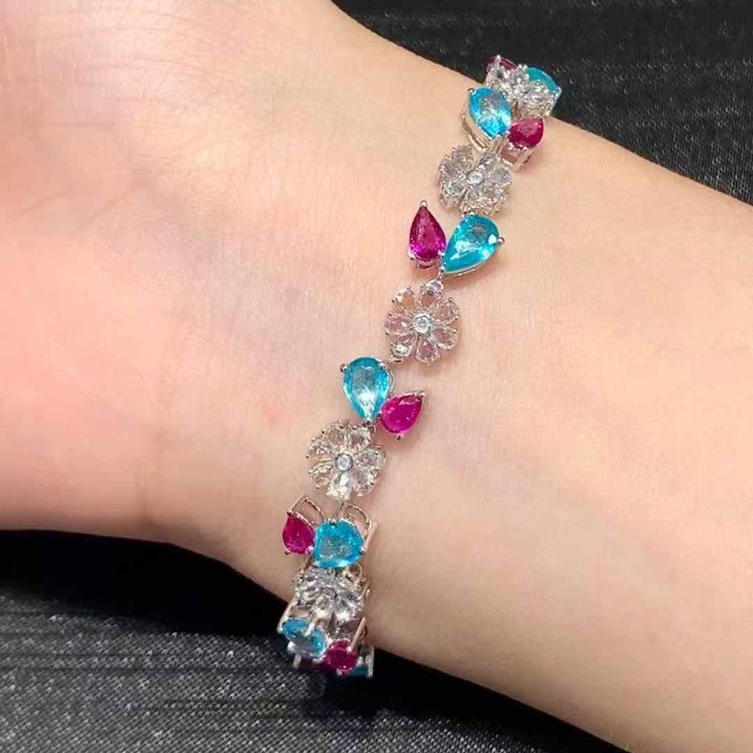 14k Gold 9.3 Ct Natural Paraiba Tourmaline & Ruby & Diamond Bracelet - 3