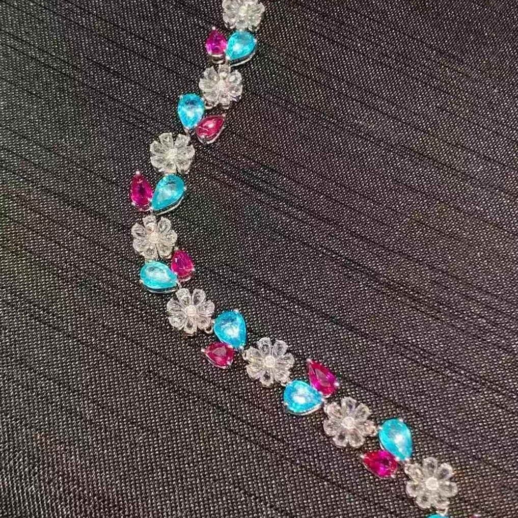 14k Gold 9.3 Ct Natural Paraiba Tourmaline & Ruby & Diamond Bracelet - 5