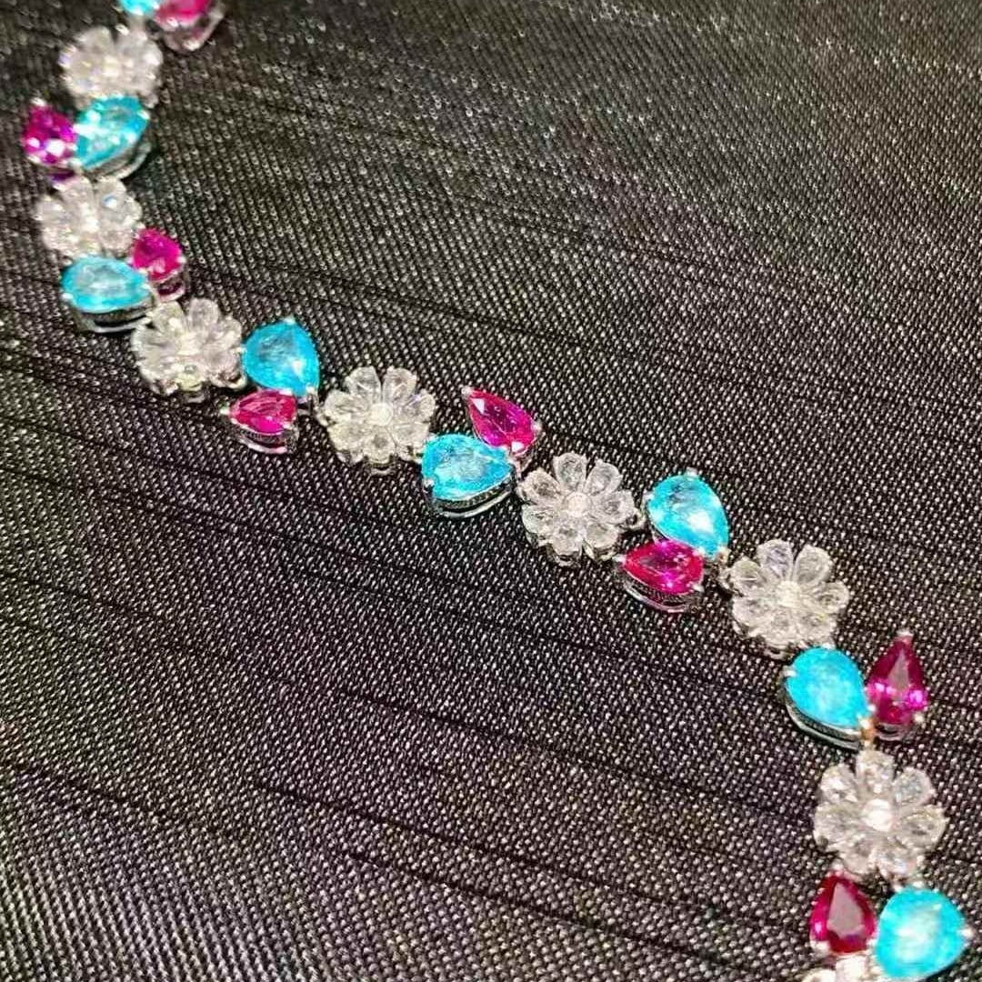 14k Gold 9.3 Ct Natural Paraiba Tourmaline & Ruby & Diamond Bracelet - 6