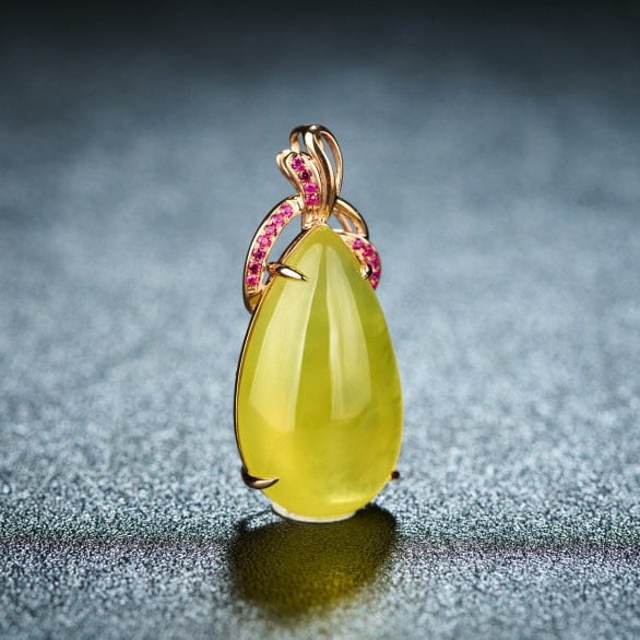 14k Gold 23.56 Ct Natural Prehnite & Ruby Pendant( Without Chain ) - 2