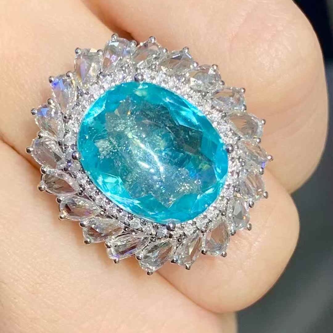 14k Gold 7.12 Ct Natural Paraiba Tourmaline & Diamond Ring - 5