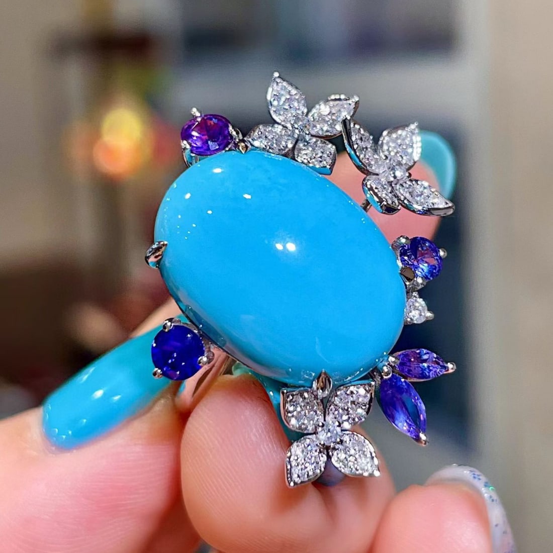 14k Gold 11.95 Ctw Natural Blue Turquoise & Sapphire Ring - 3