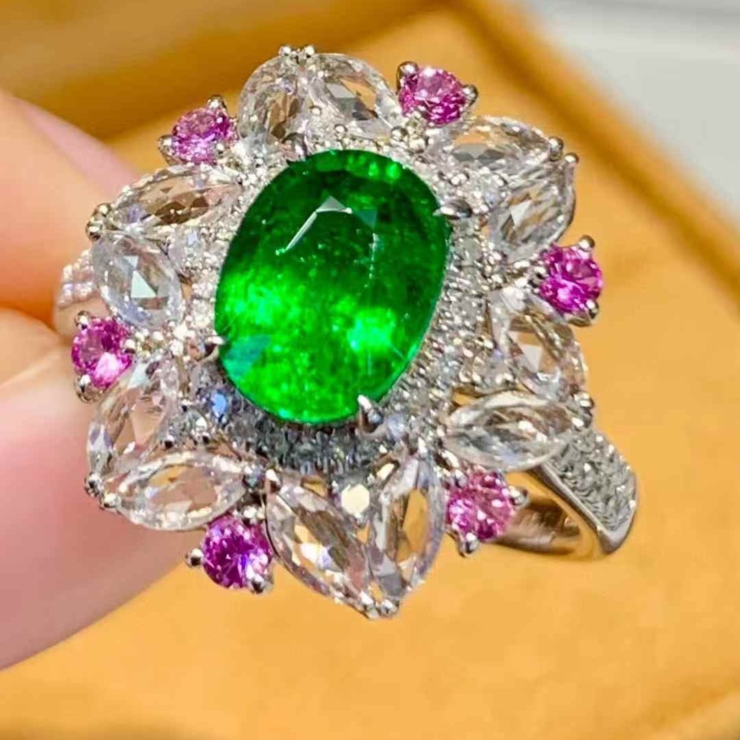 14k Gold 1.65 Ct Natural Tsavorite & Diamond & Coloured Gemstone Ring - 2