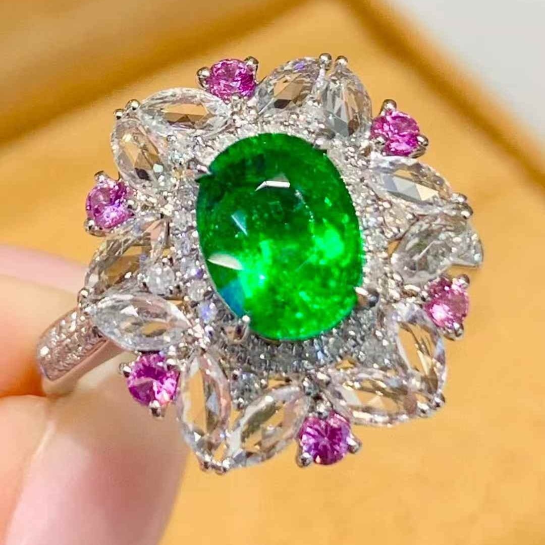 14k Gold 1.65 Ct Natural Tsavorite & Diamond & Coloured Gemstone Ring - 6