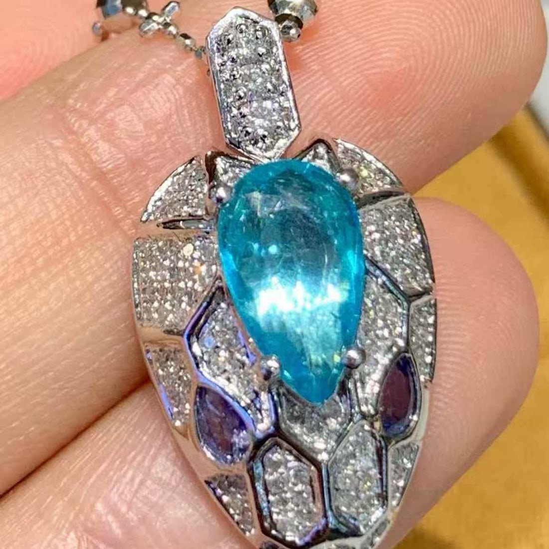 14k Gold 1.00 Ct Natural Paraiba Tourmaline & Diamond Pendant( Without Chain ) - 4
