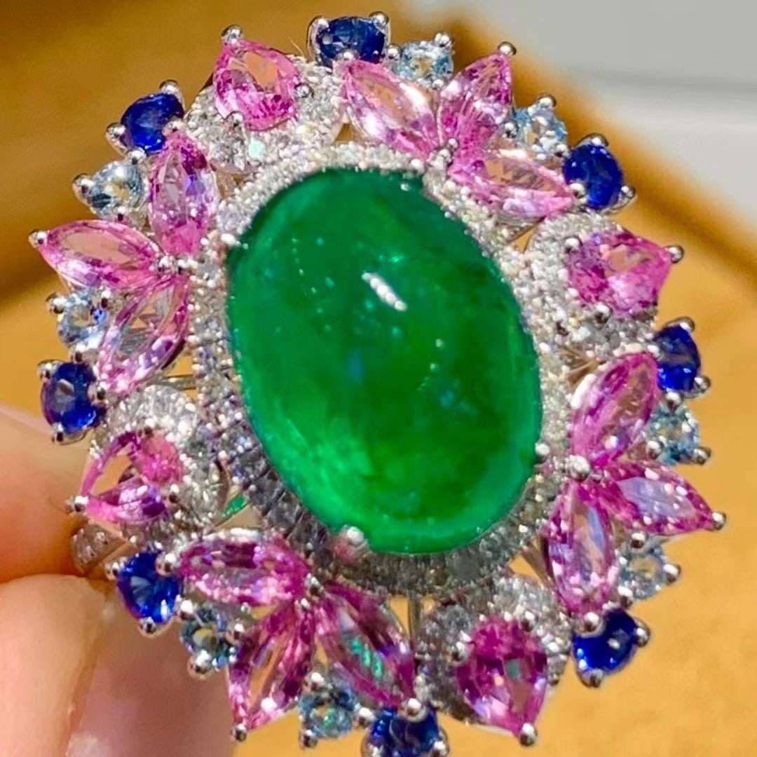 14k Gold 3.8 Ct Natural Emerald & Diamond & Coloured Gemstone Ring - 2