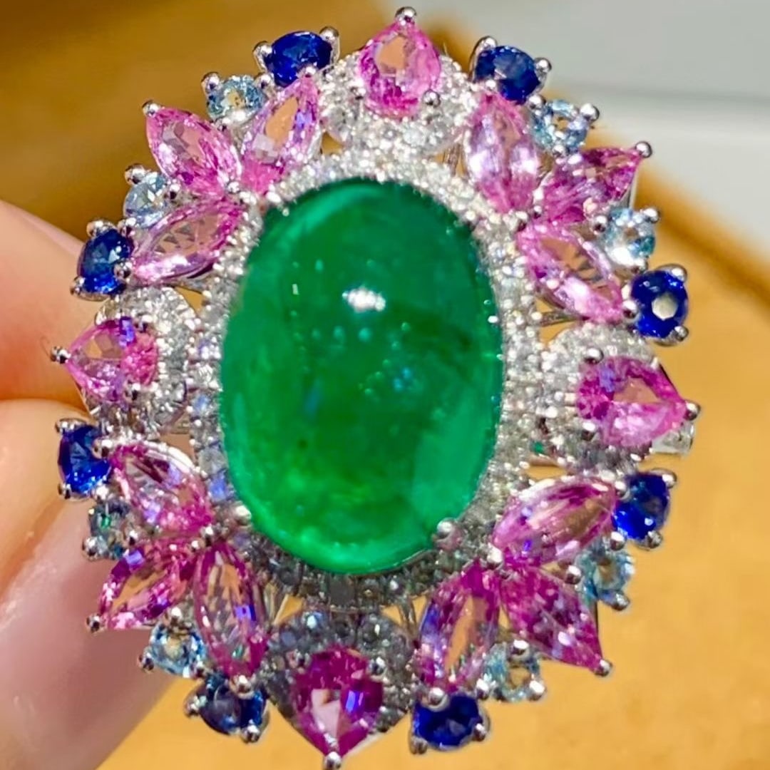 14k Gold 3.8 Ct Natural Emerald & Diamond & Coloured Gemstone Ring - 3