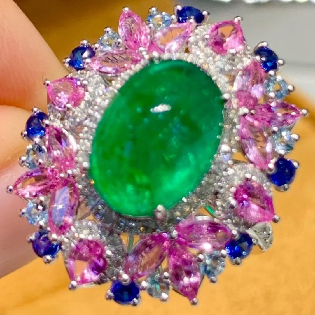 14k Gold 3.8 Ct Natural Emerald & Diamond & Coloured Gemstone Ring - 4