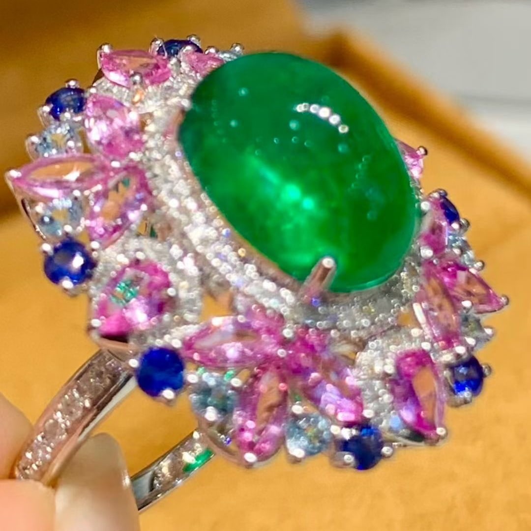 14k Gold 3.8 Ct Natural Emerald & Diamond & Coloured Gemstone Ring - 5