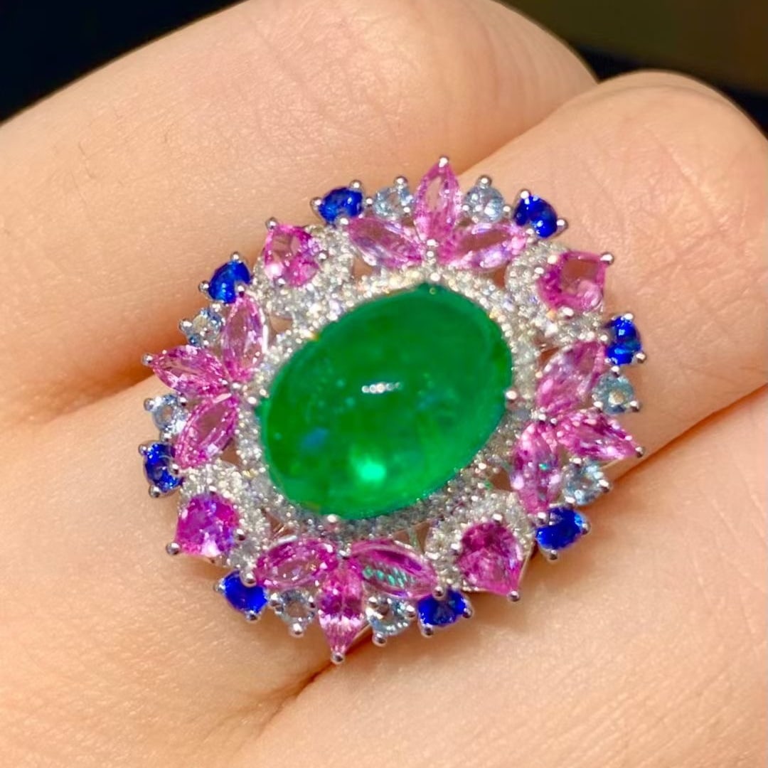 14k Gold 3.8 Ct Natural Emerald & Diamond & Coloured Gemstone Ring - 6