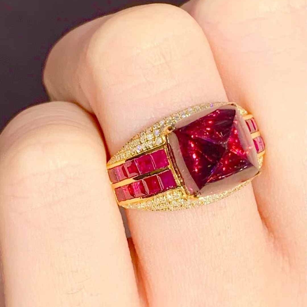 14k Gold 6.5 Ct Natural Tourmaline & Ruby & Diamond Ring - 2