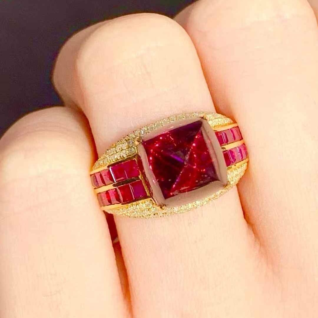 14k Gold 6.5 Ct Natural Tourmaline & Ruby & Diamond Ring - 3