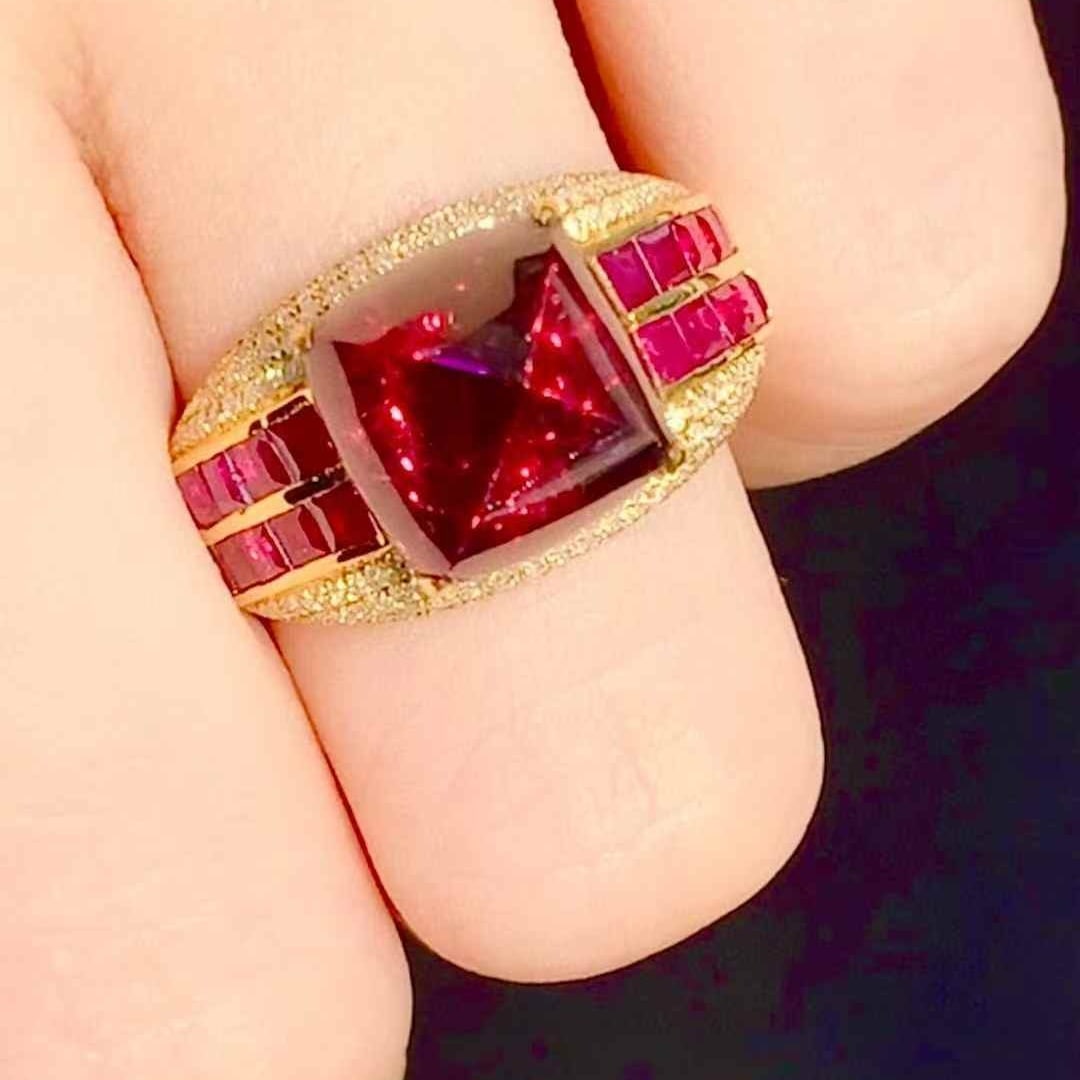 14k Gold 6.5 Ct Natural Tourmaline & Ruby & Diamond Ring - 5