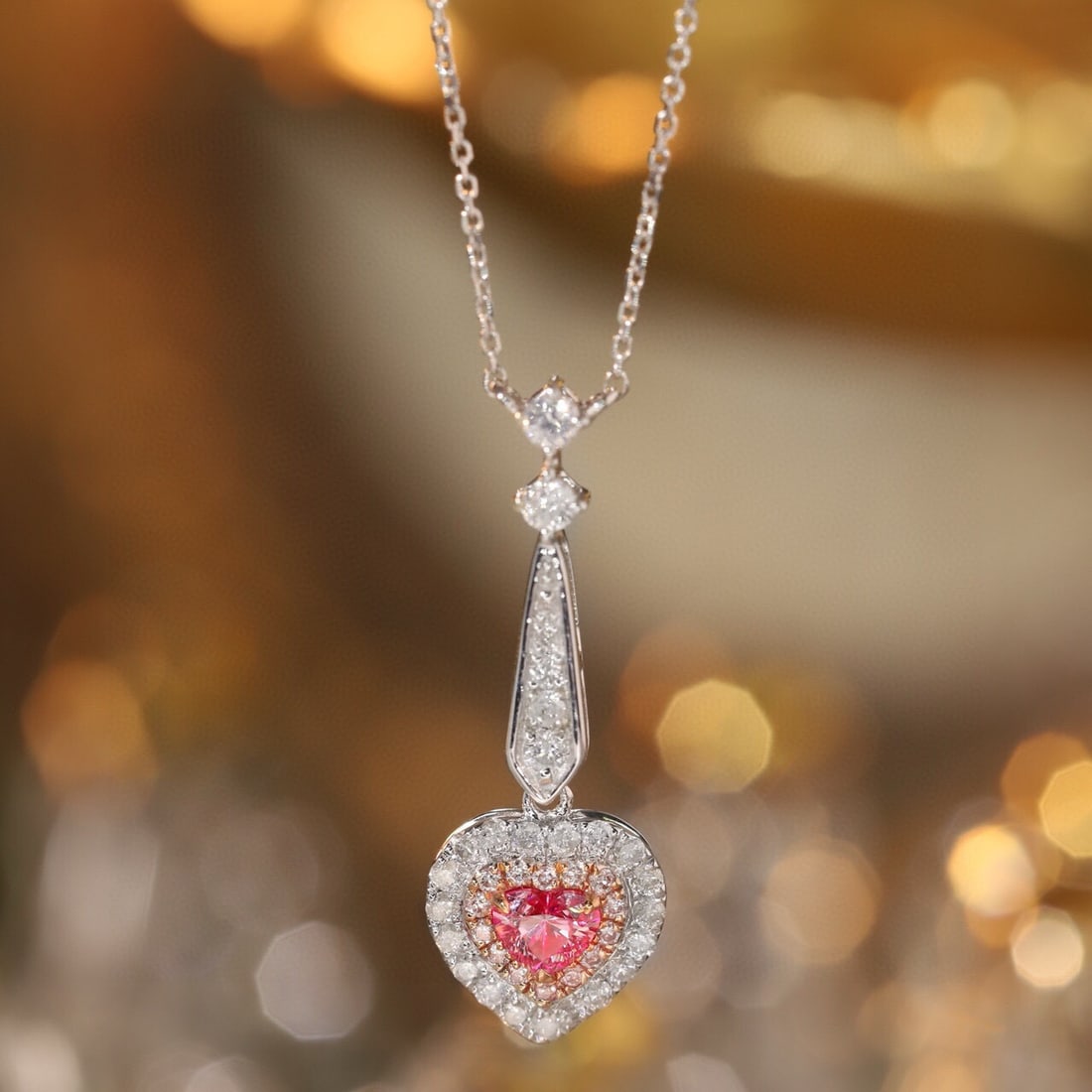 14k Gold 0.40 Ctw Natural Pink Diamond & Diamond Necklace: Ref:231105224 // gold content:14k gold // main gemstone:pink diamond // shape:heart // carat weight:0. 15ct // color:pink // treatment:natural // // adjacent gemstone 2 : diamond // shape:round //