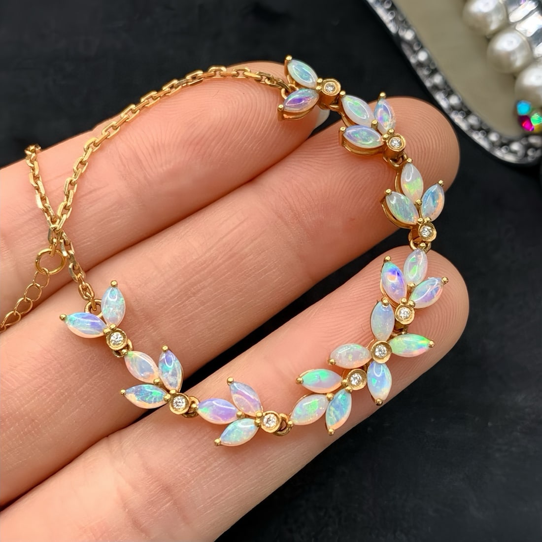 14k Gold 2.30 Ctw Natural Opal & Diamond Bracelet - 2