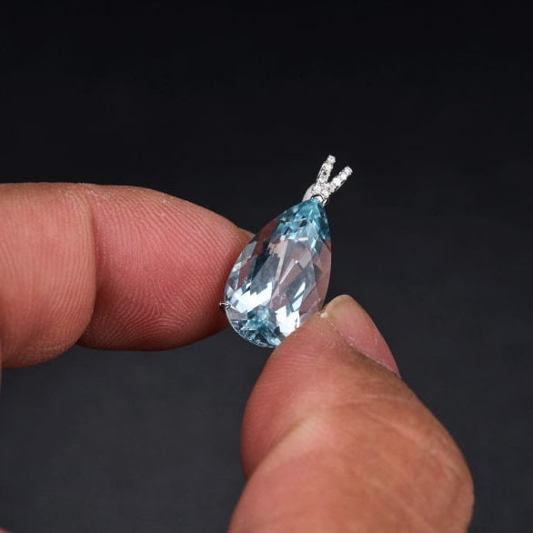 14k Gold 6.16 Ct Natural Aquamarine & Diamond Pendant( Without Chain ) - 7