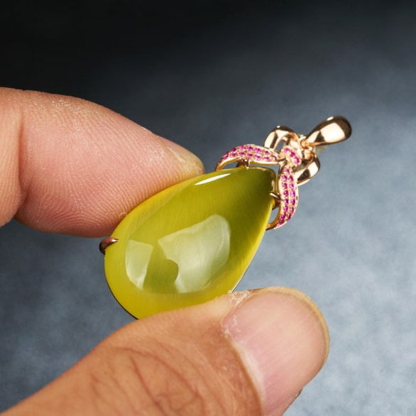 14k Gold 23.36 Ct Natural Prehnite & Ruby Pendant( Without Chain ) - 8