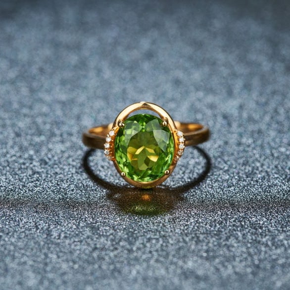 14k Gold 3.7 Ct Natural Tourmaline & Diamond Ring: Ref:231106021 // gold content:14k gold // ring size:7. 25us // // main gemstone:tourmaline // shape:oval // carat weight:3. 7ct // color:green // treatment:natural // // adjacent gemstone 2 :