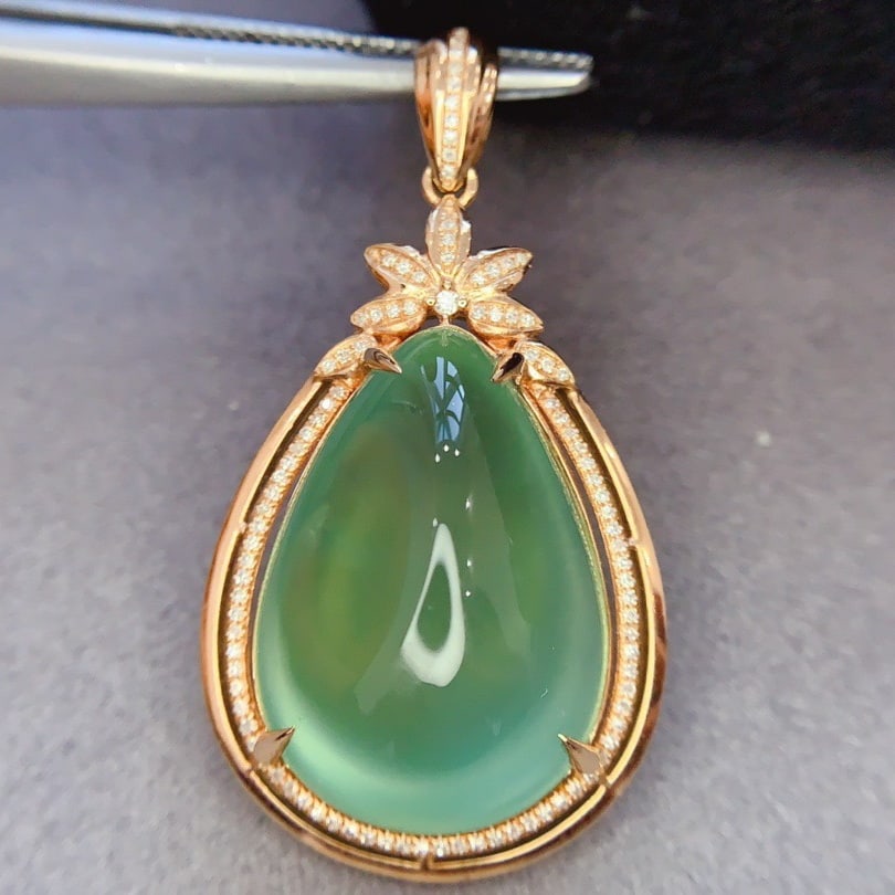 14k Gold 24.5 Ct Natural Prehnite & Diamond Pendant( Without Chain ) - 4