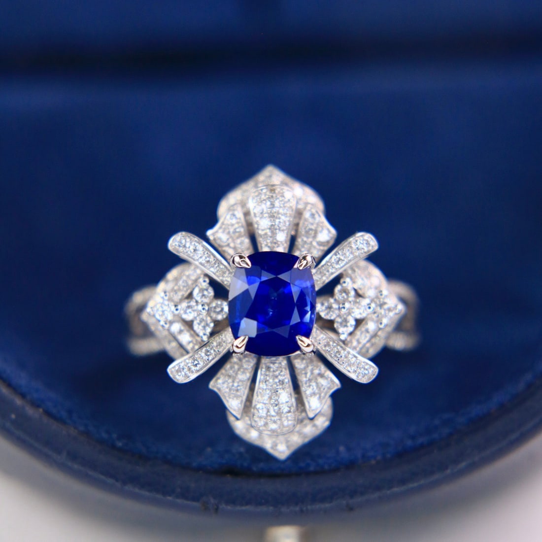 14k Gold 2.71 Ctw Vivid Blue Natural Sapphire & Diamond Ring: Ref:231106048 // gold content:14k gold // ring size:7. 25us // // main gemstone:sapphire // shape:cushion // carat weight:2. 02ct // color:vivid blue // treatment:natural // // adjacent gemstone 2