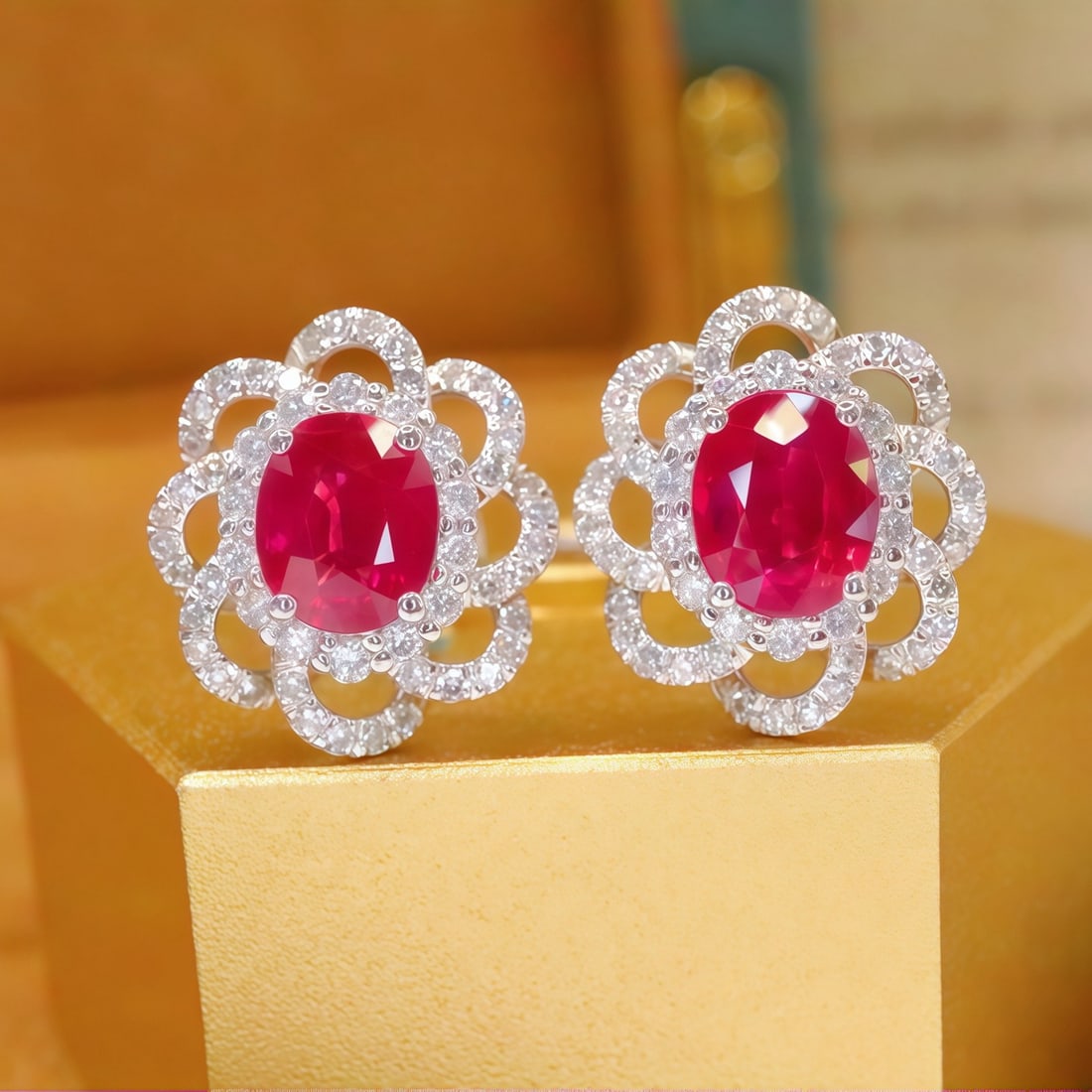 14k Gold 1.66 Ctw Natural Ruby & Diamond Earrings: Ref:231106060 // gold content:14k gold // main gemstone:ruby // shape:oval // carat weight:1. 20ct // color:red // treatment:natural // // adjacent gemstone 2 : diamond // number of stones:108 //