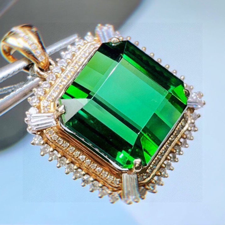 14k Gold 20 Ct Natural Tourmaline & Diamond Pendant( Without Chain ) - 6
