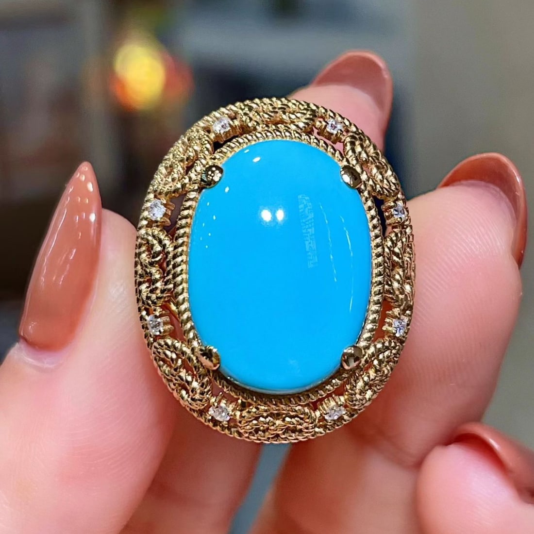 14k Gold 8.22 Ctw Natural Blue Turquoise & Diamond Ring: Ref:231106125 // gold content:14k gold // ring size:7. 25us // // main gemstone:blue turquoise // shape:oval // carat weight:8. 10ct // color:blue // treatment:natural // // adjacent gemstone 2 :