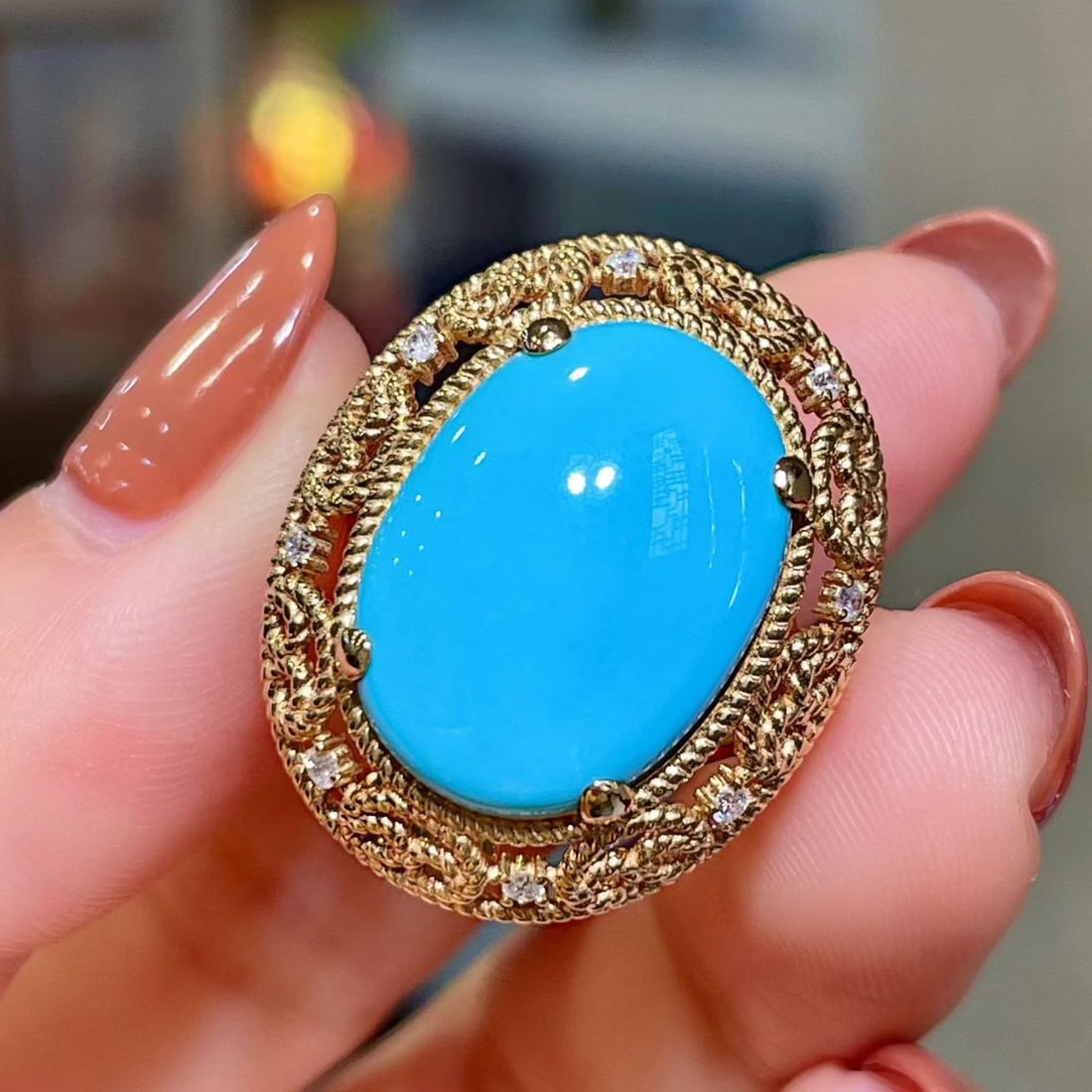 14k Gold 8.22 Ctw Natural Blue Turquoise & Diamond Ring - 2