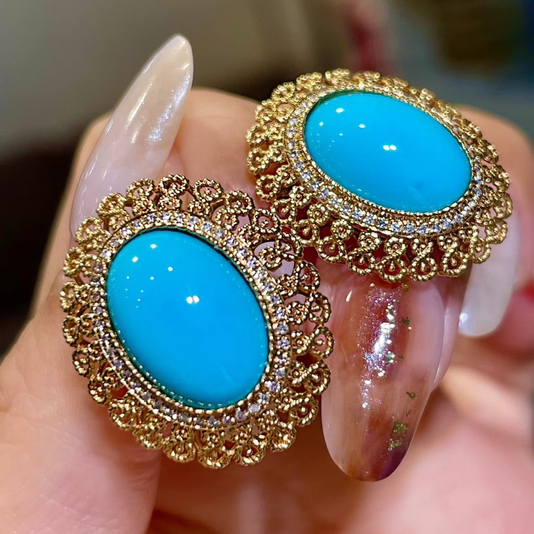 14k Gold 8.94 Ctw Natural Blue Turquoise & Diamond Earrings - 2