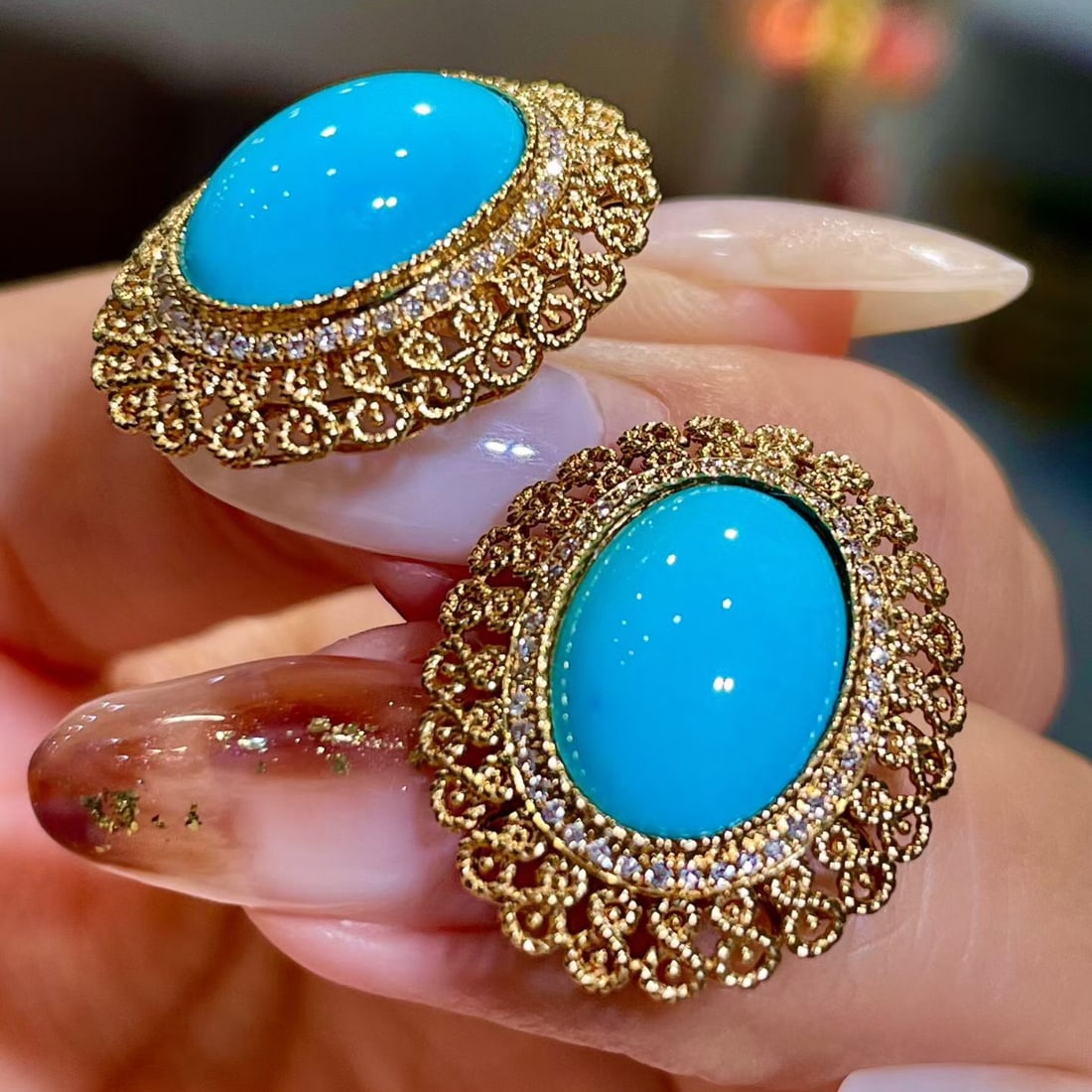 14k Gold 8.94 Ctw Natural Blue Turquoise & Diamond Earrings - 3