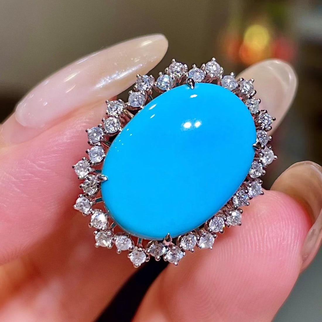 14k Gold 7.64 Ctw Natural Blue Turquoise & Diamond Ring - 2