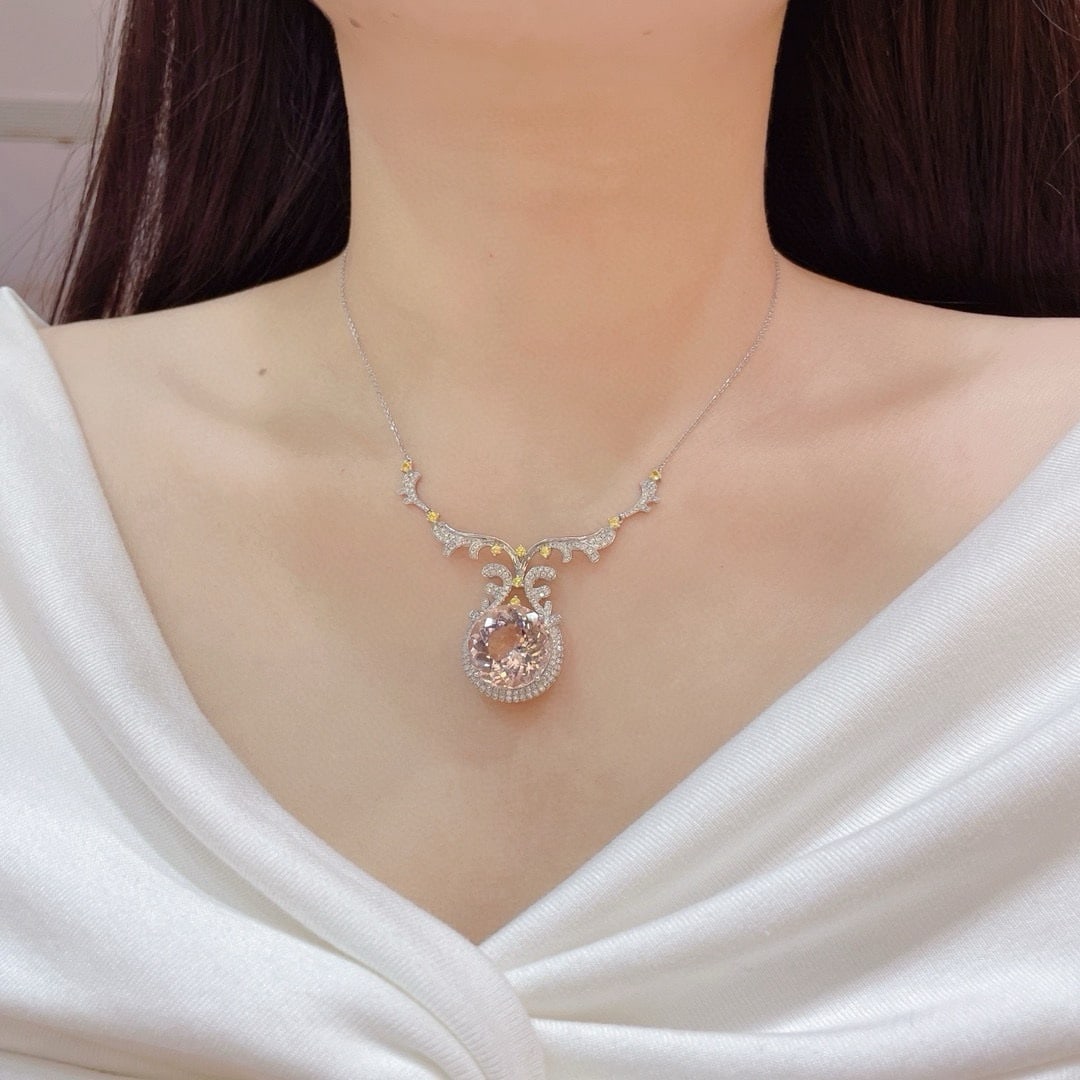 14k Gold 17.39 Ctw Natural Morganite & Diamond Necklace - 6