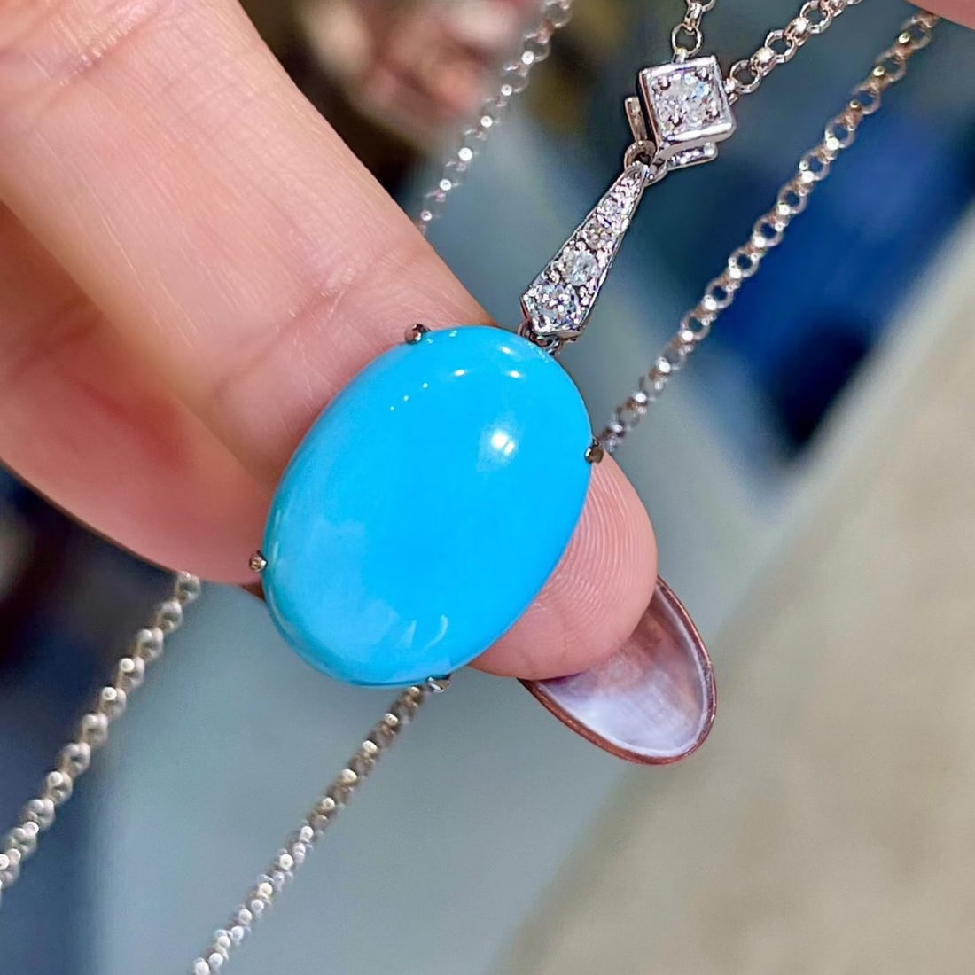 14k Gold 10.11 Ctw Natural Blue Turquoise & Diamond Necklace - 2