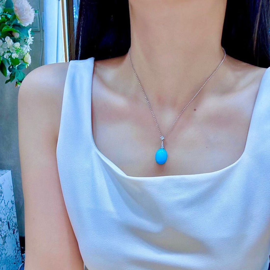 14k Gold 10.11 Ctw Natural Blue Turquoise & Diamond Necklace - 4