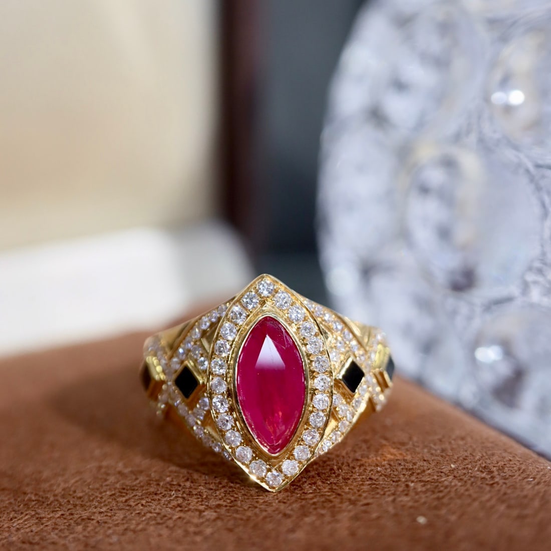 14k Gold 1.57 Ctw Natural Ruby & Diamond Ring: Ref:231106193 // gold content:14k gold // ring size:7. 25us // // main gemstone:ruby // shape:marquise // carat weight:1. 20ct // color:red // treatment:natural // // adjacent gemstone 2 : diamond //