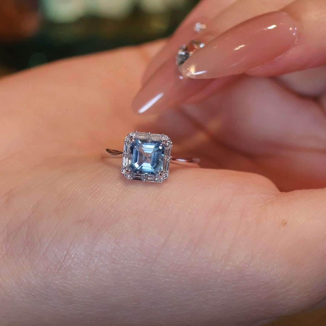 14k Gold 1 Ct Natural Aquamarine & Diamond Ring - 7