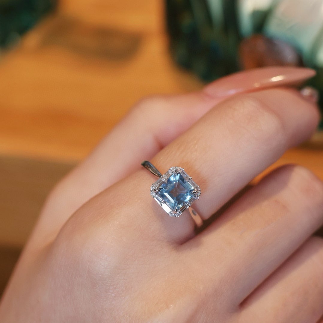 14k Gold 1 Ct Natural Aquamarine & Diamond Ring - 8