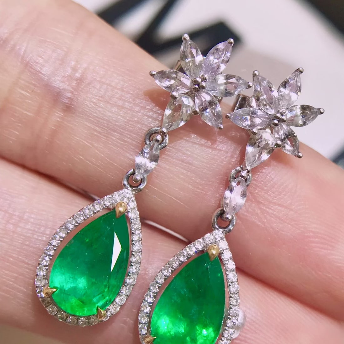 14k Gold 3.1 Ct Vivid Green Natural Emerald & Diamond & Sapphire Earrings - 2