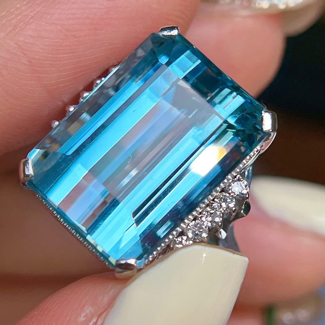 14k Gold 18 Ct Natural Aquamarine & Diamond Ring - 2