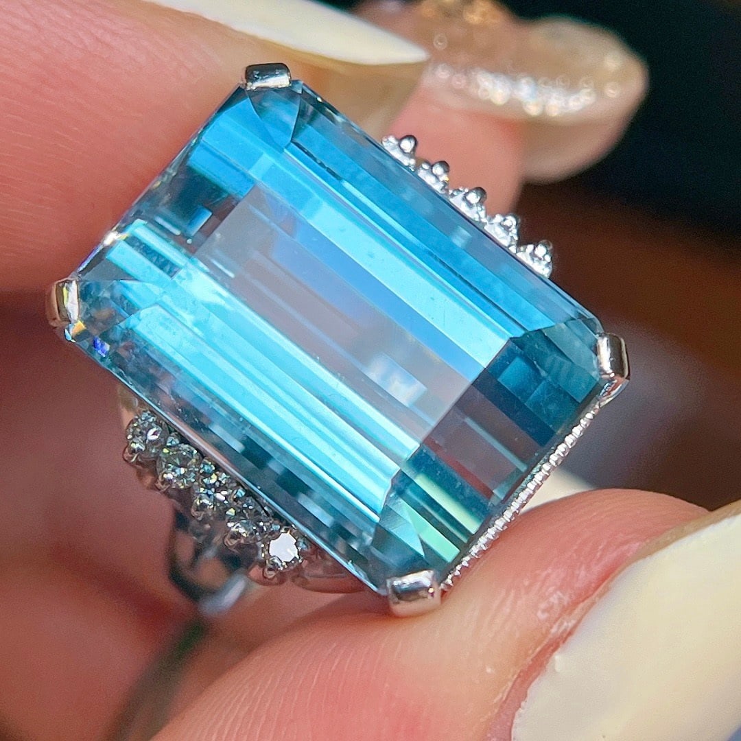 14k Gold 18 Ct Natural Aquamarine & Diamond Ring - 3