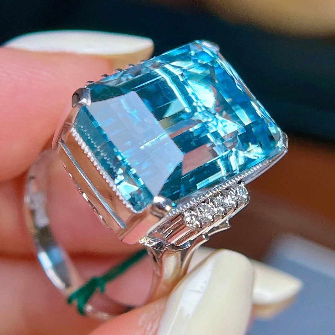 14k Gold 18 Ct Natural Aquamarine & Diamond Ring - 4