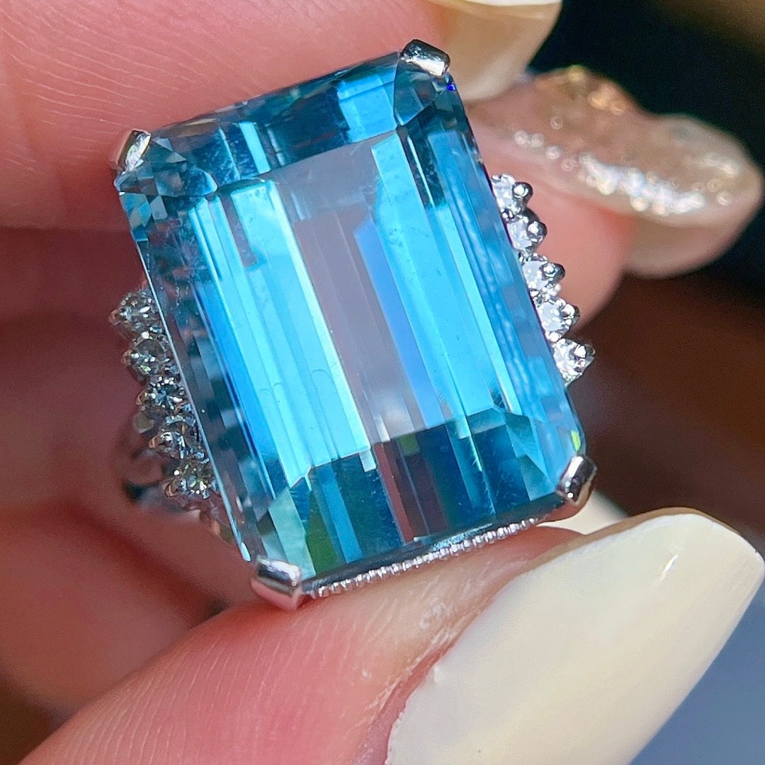 14k Gold 18 Ct Natural Aquamarine & Diamond Ring - 5